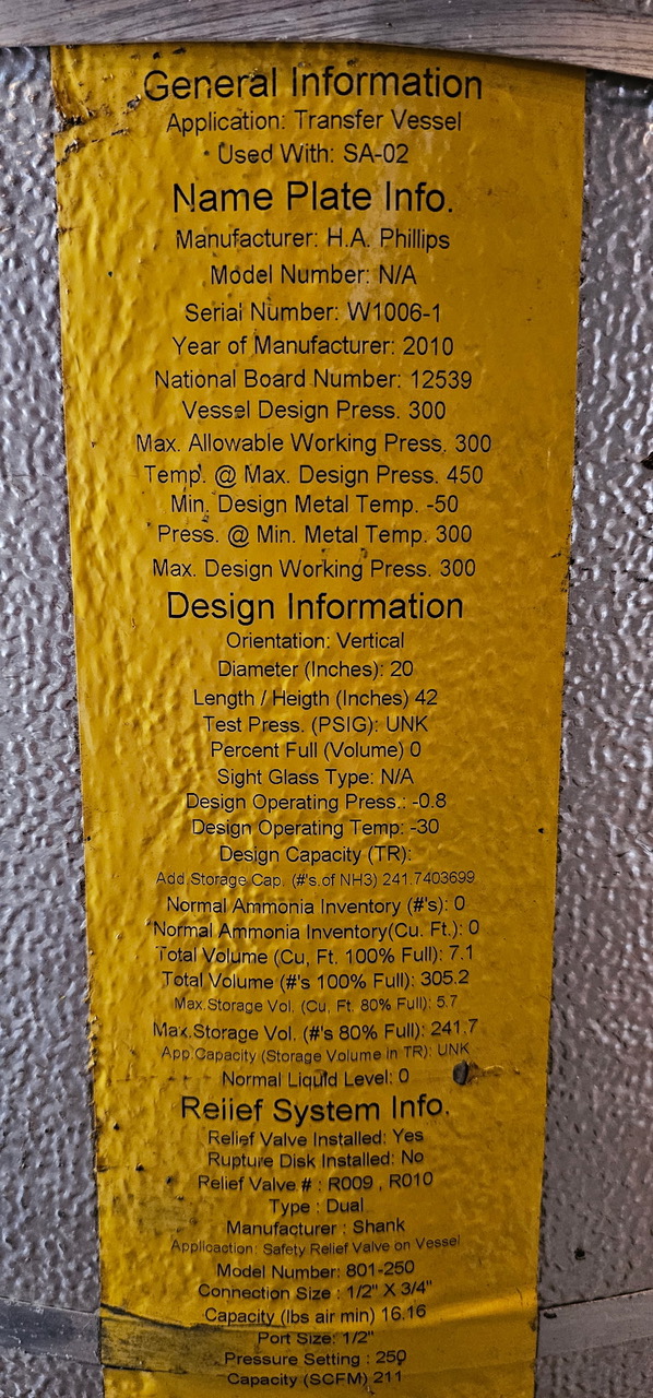 Philips Ammonia Vertical Transfer Vessel : Built 2010 : Size : 20" Diameter X 40" Tall : Item# V45462 - Image 6