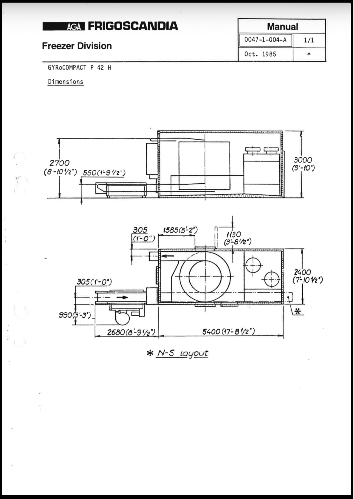 Engineering drawing of a Frigoscandia Freezer Division Gyrocompact P42H, showing side and top views with overall dimensions and layout annotations (mm)