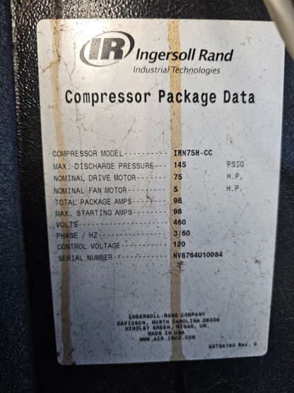 Ingersol Rand Model IRN 75 H  Screw Air Compressor package: Item#: AIR43290 - Image 5