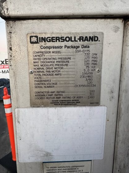 Ingersol Rand Model SSR EP 75   Screw Air Compressor package: Item#: AIR08011 - Image 3