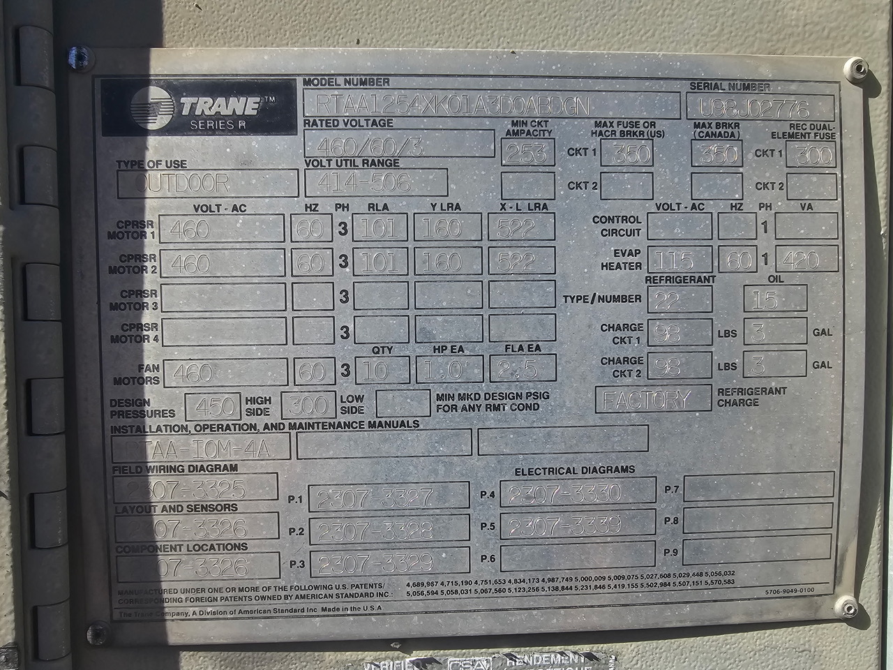 Trane 125 Air cooled chillers: Model: RTAA 125 on R22: Item# CH32396 - Image 6