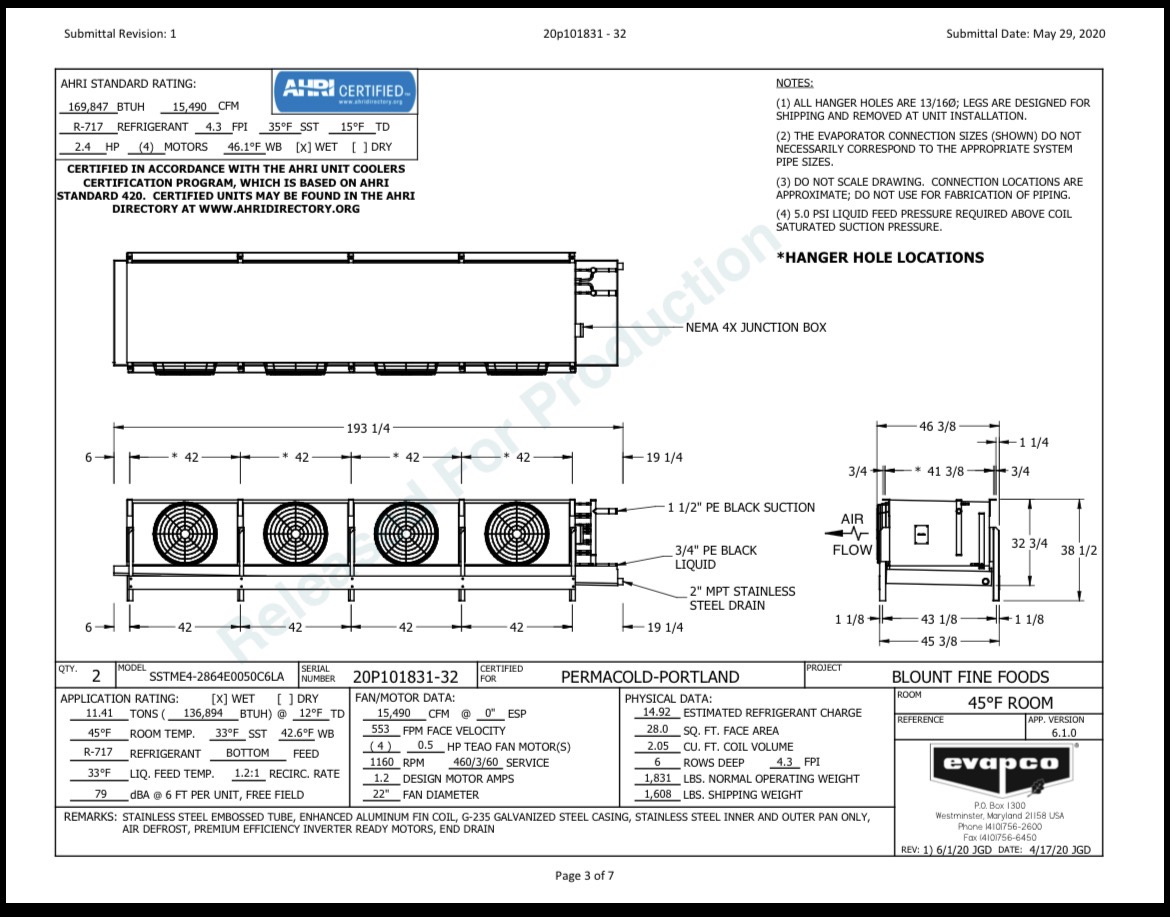 Technical drawing of an evaporator unit with dimensions, wiring, and installation notes from a product datasheet (AHRI stamp visible).