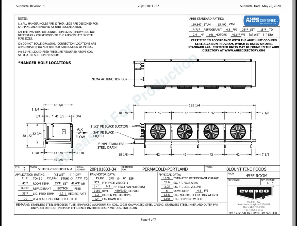 Technical blueprint of an evaporator assembly with side and end views, dimensions, and notes, including a NEMA 4X junction box and four fans.
