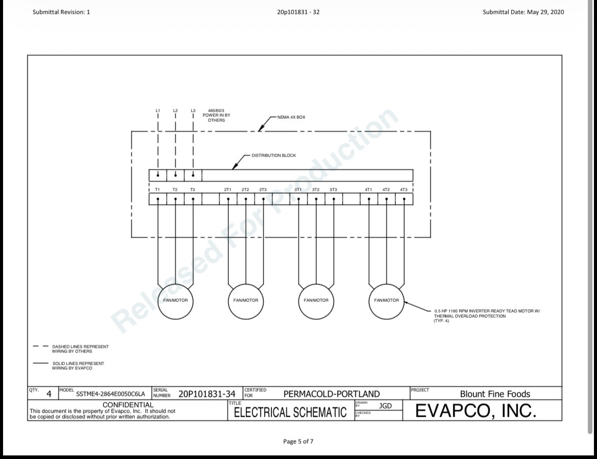 Electrical schematic page showing a distribution block feeding four fan motors via labeled T1–T4 terminals, with power enters a NEMA 4X box; includes wiring paths and a title block reading 'ELECTRICAL SCHEMATIC' for EVAPCO, Inc. (Permacold-Portland) — page 5 of 7.