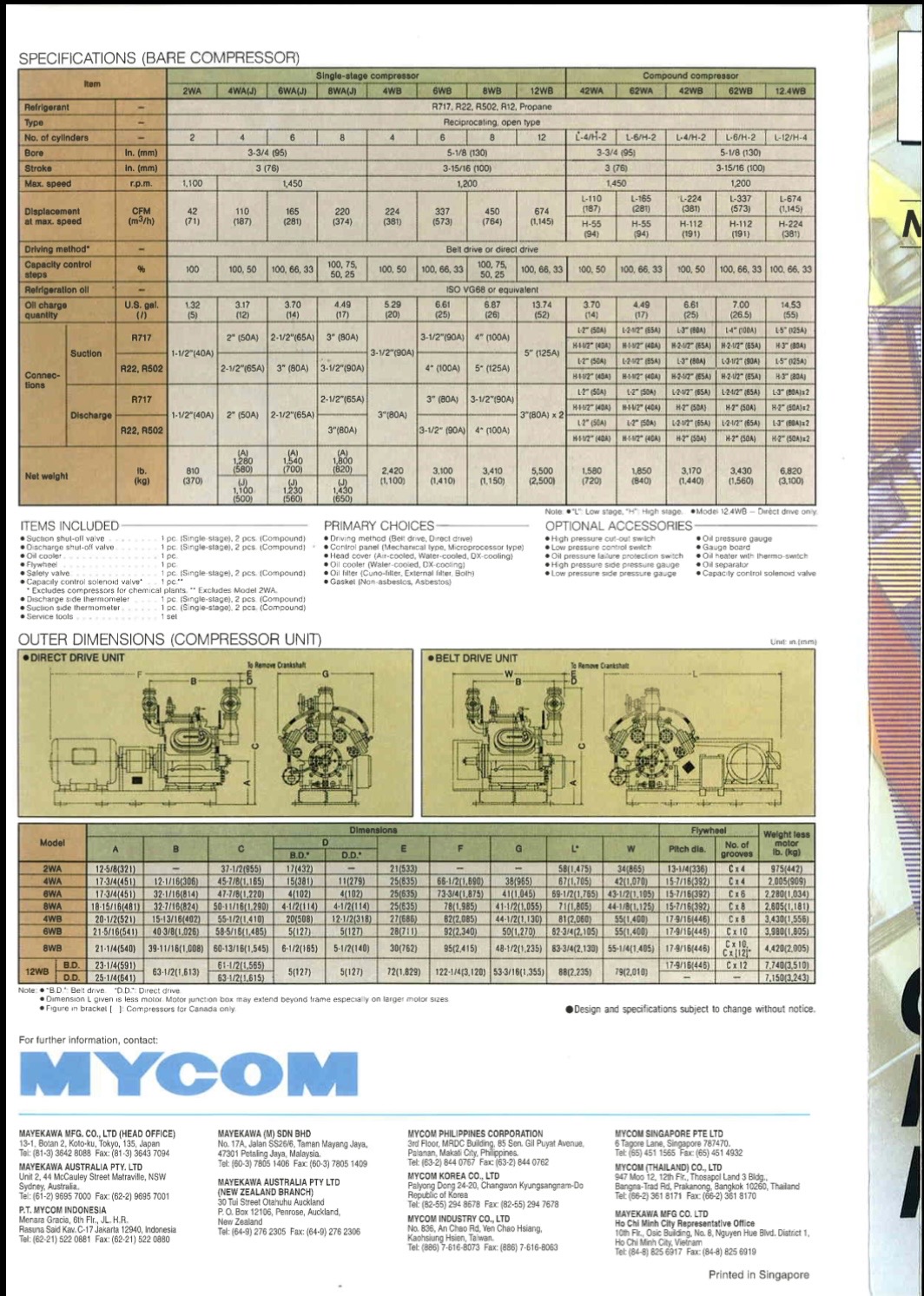 Specification sheet for MYCOM bare and compound compressors with model tables, capacities, connections, and dimensions (informational image).