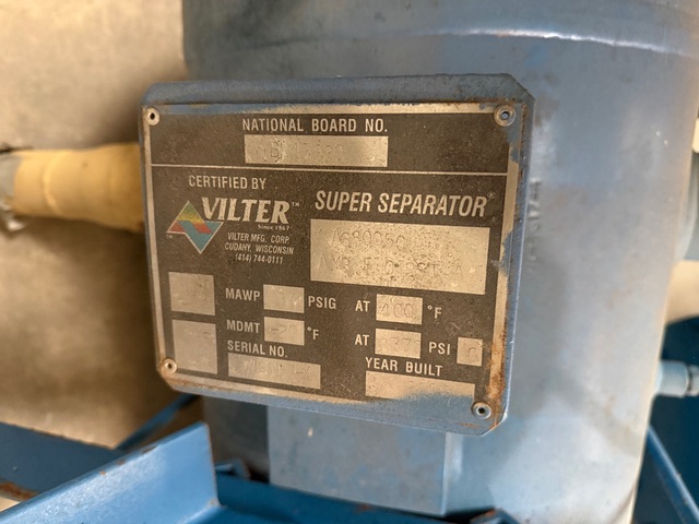 Manufacturer label on a blue industrial separator reading 'SUPER SEPARATOR' by Vilter with rating fields and serial number.