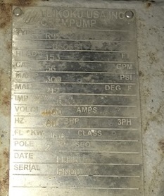 Metal pump nameplate with model and performance specs (RPM, PSI, volts, amps); worn, some text unreadable.