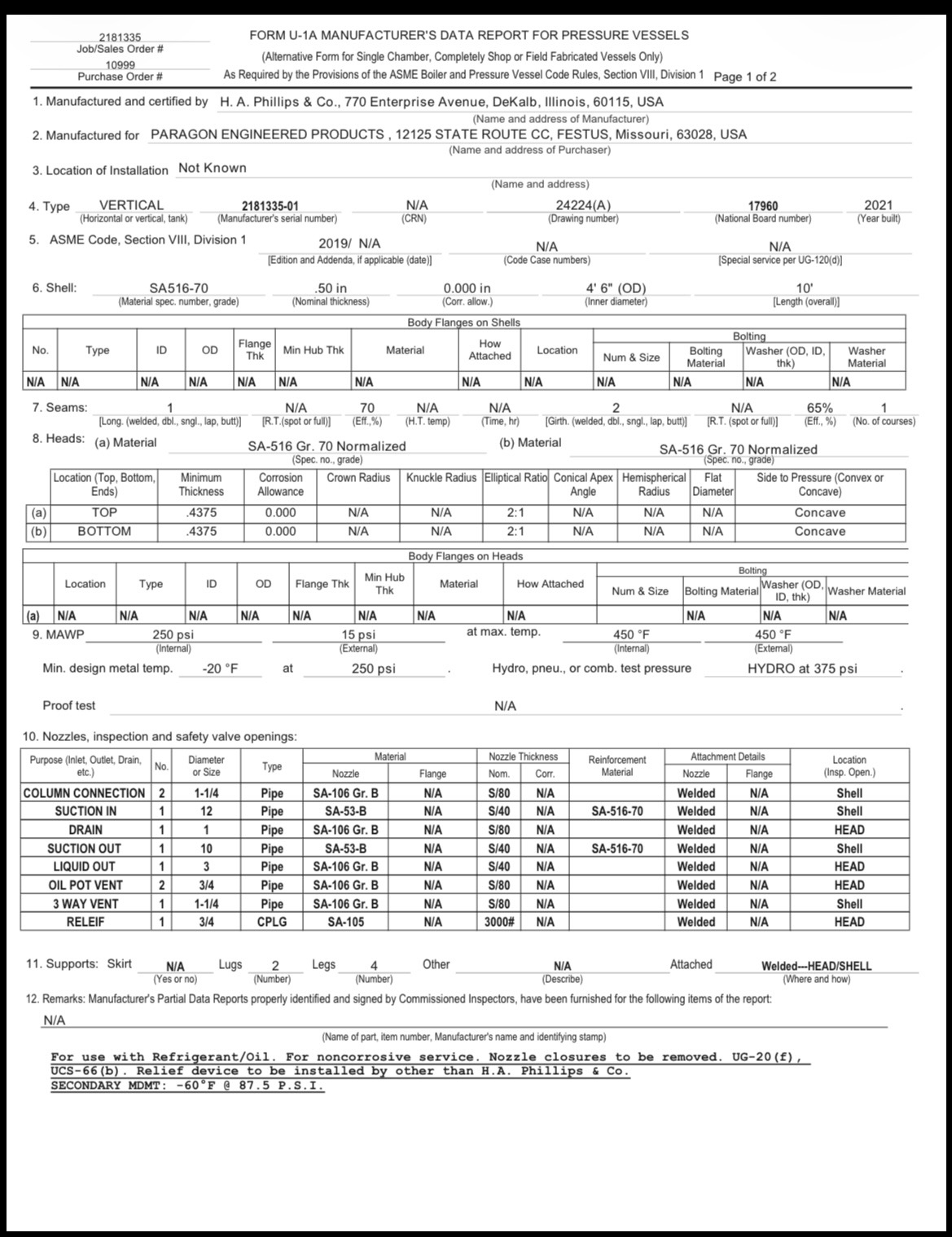 Form U-1A Manufacturer's Data Report for Pressure Vessels with fields for manufacturer, purchaser, type, shell, seams, and MAWP.