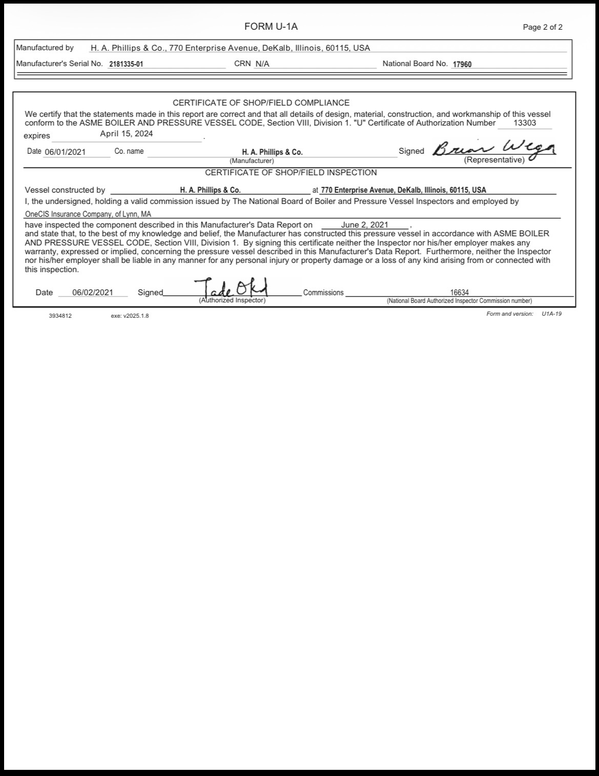 Form U-1A certificate page displaying shop/field compliance statements, with dates June 2, 2021 and April 15, 2024 and a signature on the line (manufacturer: H. A. Phillips & Co.).