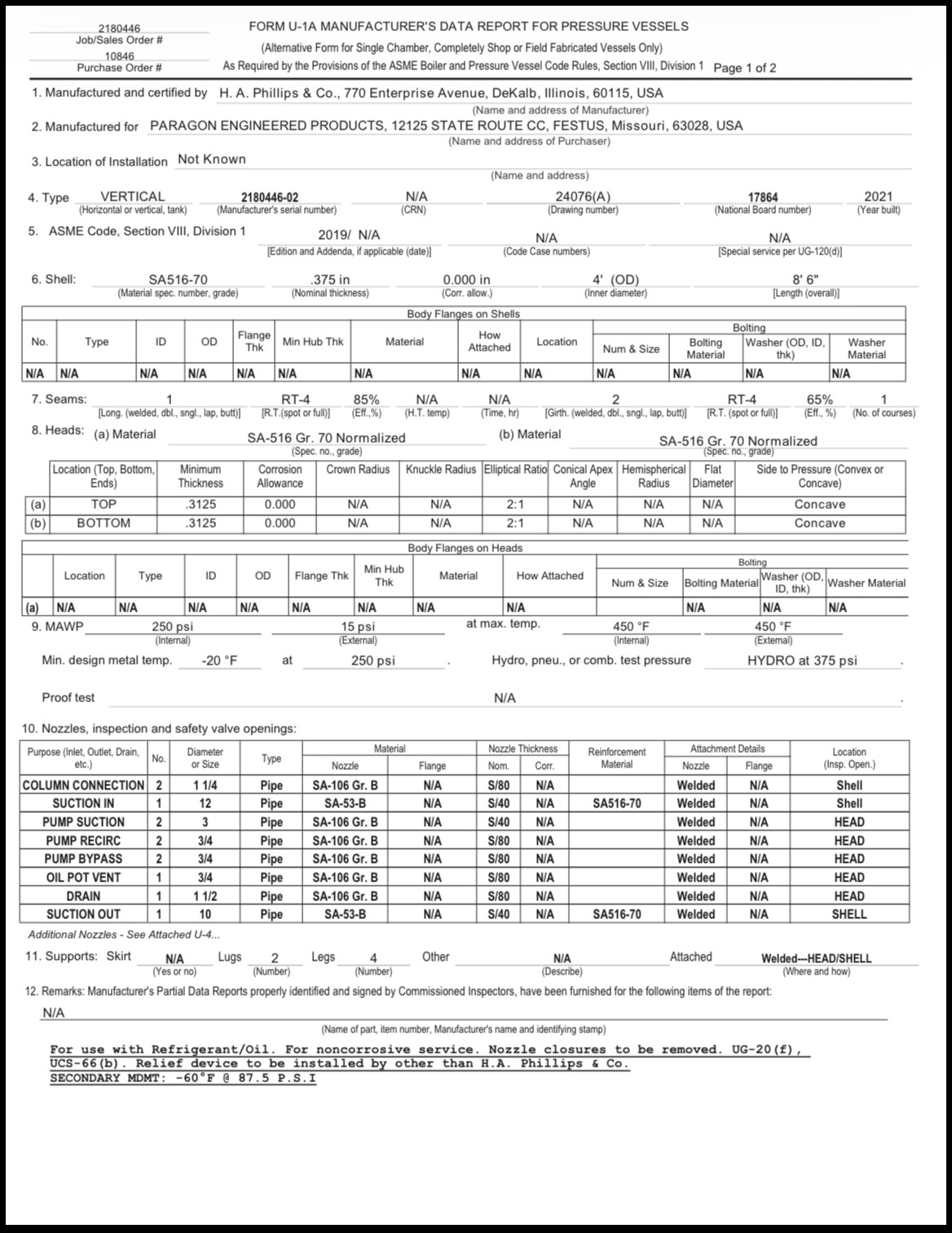 Form U-1A Manufacturer's Data Report for pressure vessels containing fields for manufacturer, purchaser, serial numbers, type, shell dimensions and ratings (scanned form).