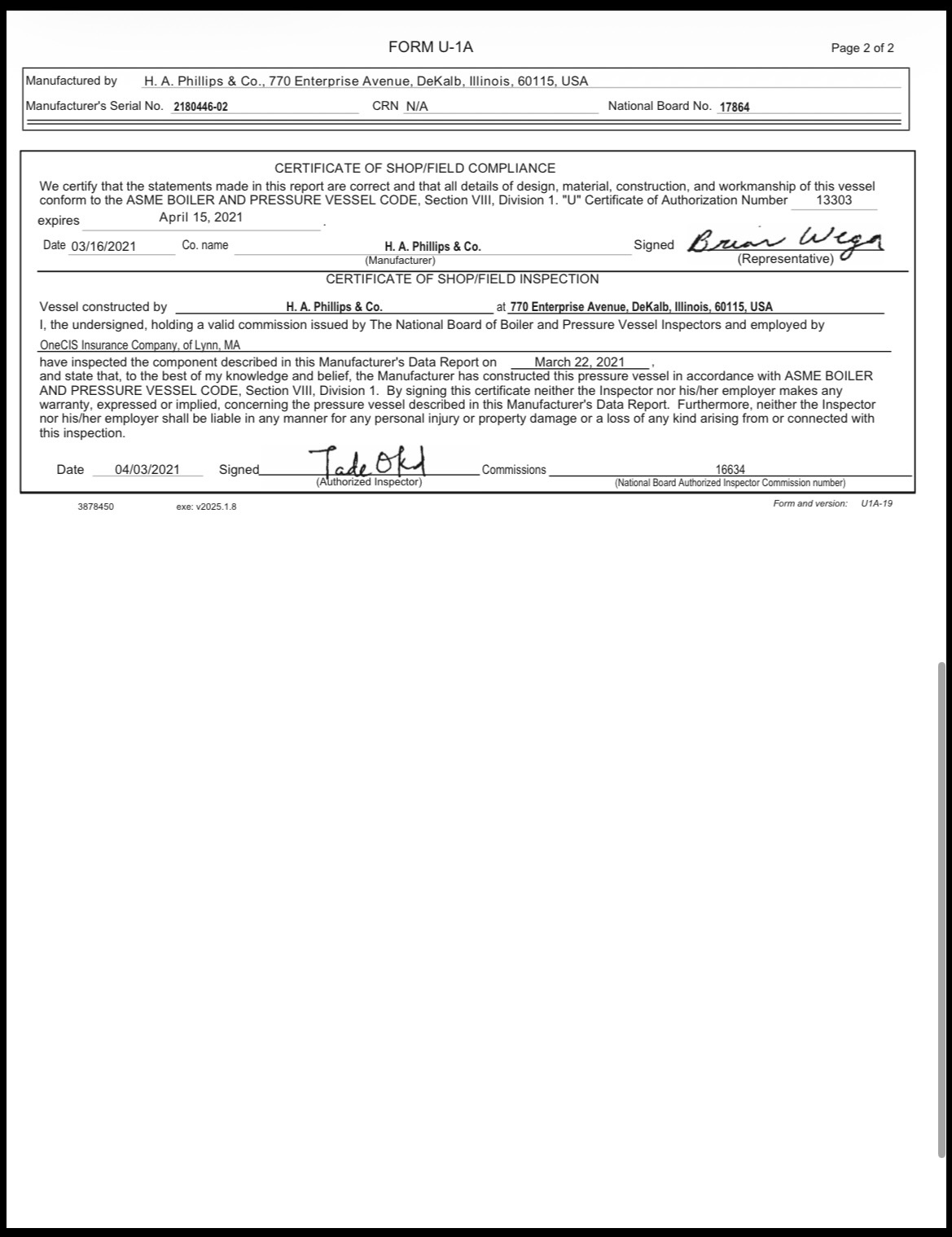 Form U-1A page 2: Certificate of Shop/Field Compliance with dates, signatures, and manufacturer info (H. A. Phillips & Co.).
