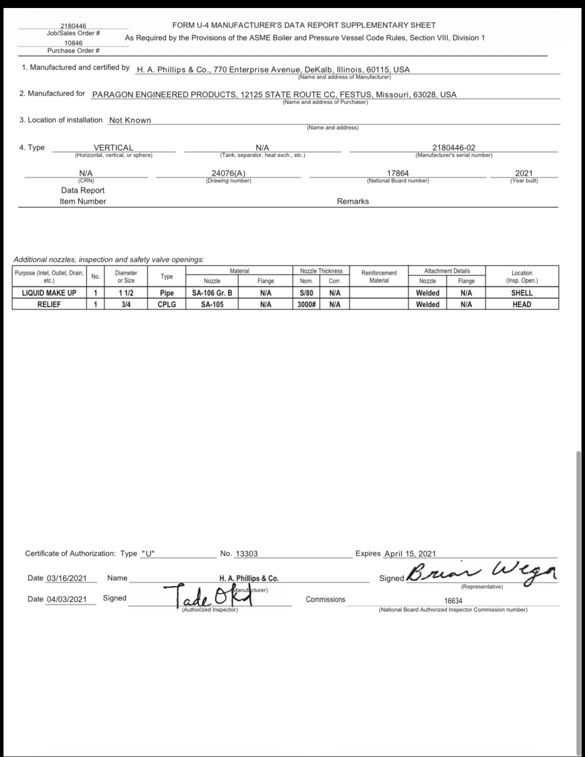 Form U-4 Manufacturer's Data Report Supplementary Sheet showing manufacturer, purchaser, location, type, serial numbers, and a nozzle table with two lines and signatures/dates at the bottom to authorize the document.