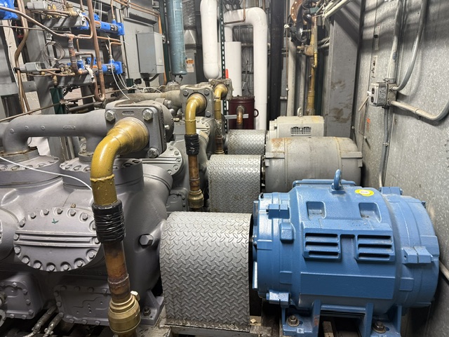Blue electric motor connected to a large industrial pump in a machinery room with yellow pipes and gray metal components.