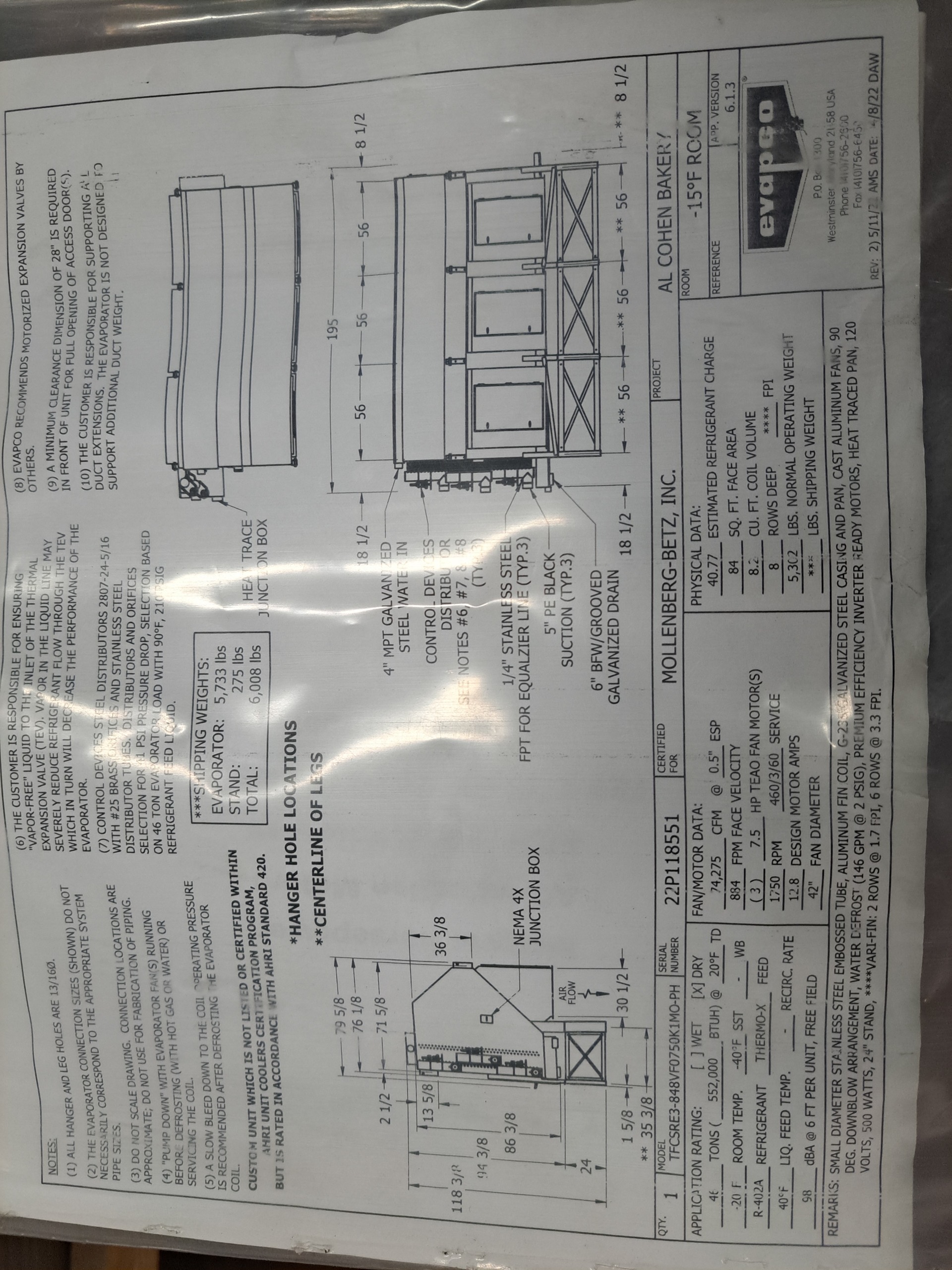 Engineering blueprint of a refrigerated unit showing side and front views with dimensions and notes for installation.