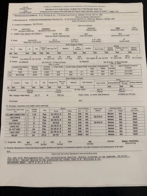 Scan of a dense technical data sheet page with multiple tables listing specifications, material codes, and inspection fields.