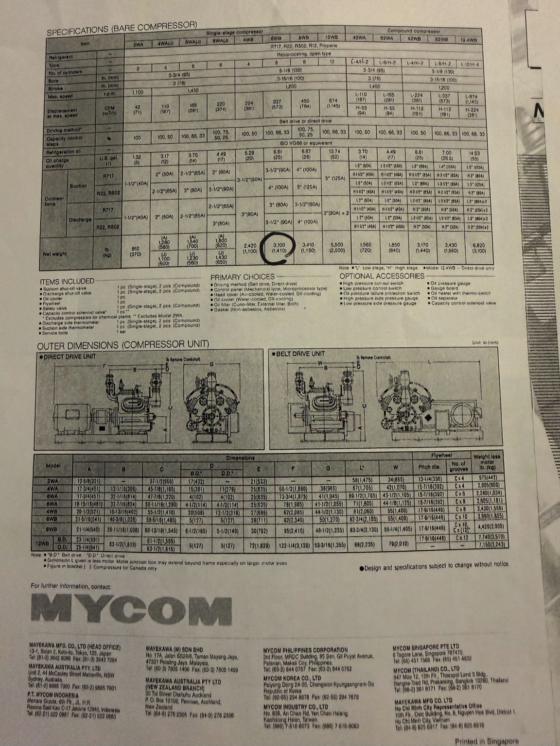 Sheet of MYCOM compressor specifications with tables, diagrams of direct and belt drive units, and contact info at bottom.