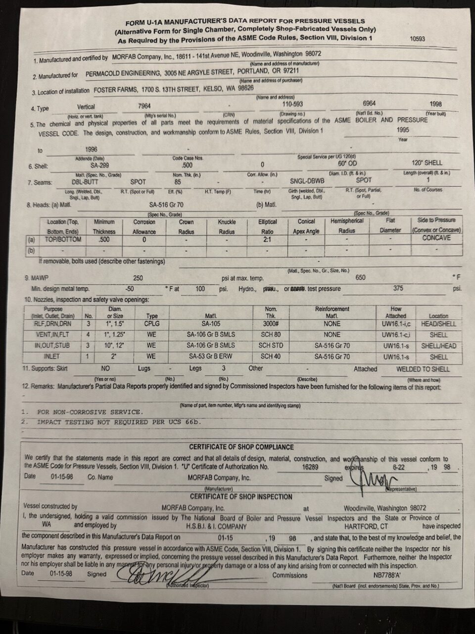 Front page of a completed 'Form U-1A Manufacturer's Data Report for Pressure Vessels' with company names, locations, and vessel specifications.