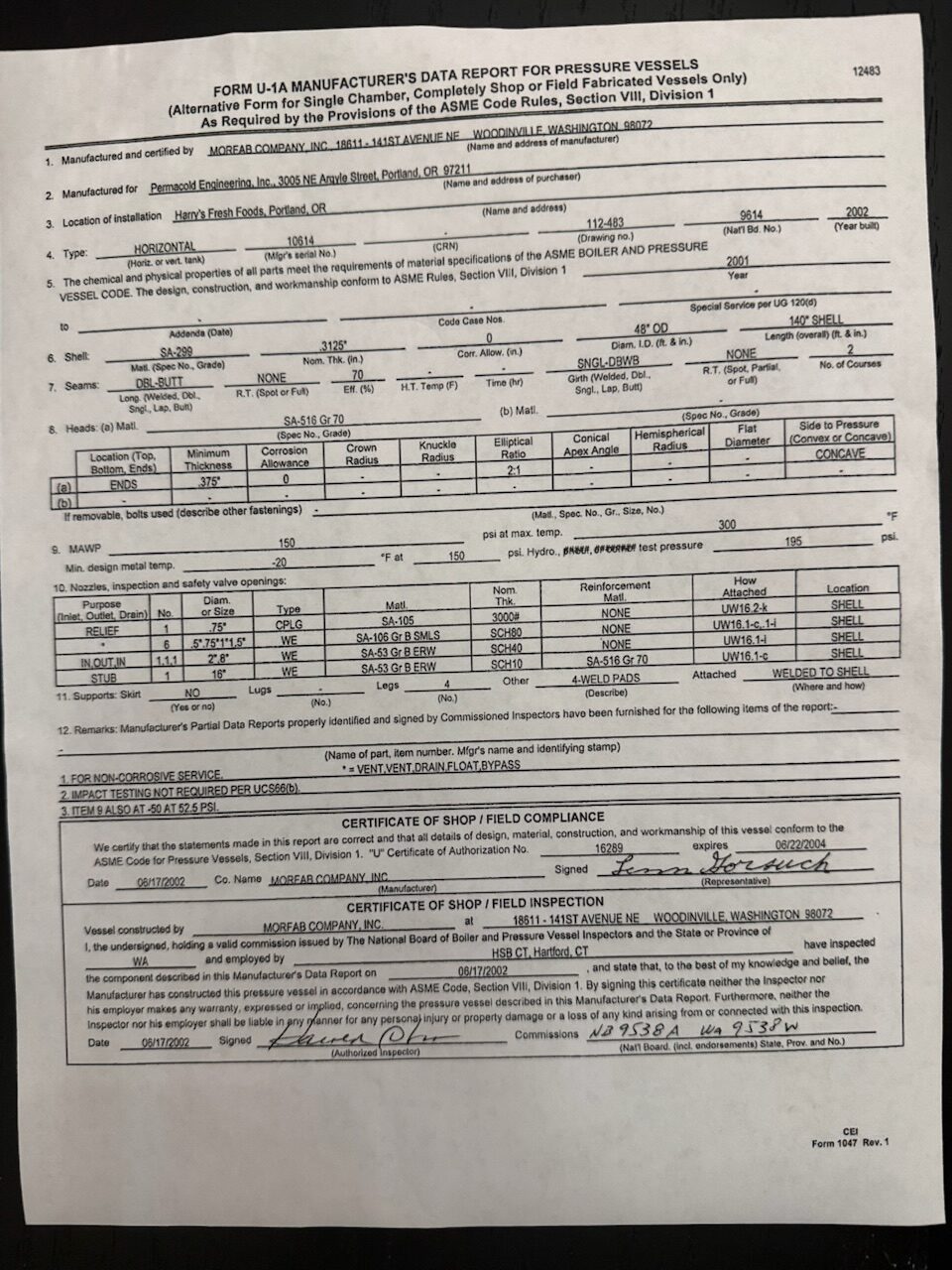 Filled Form U-1A Manufacturer's Data Report for Pressure Vessels with handwritten entries, showing company names, addresses, dates, and inspection stamps.